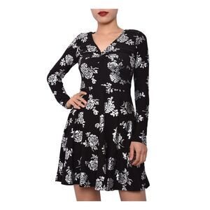 PLANET GOLD Womens Fit + Flare Short Dress Black Long Sleeve V Neck Juniors XXS